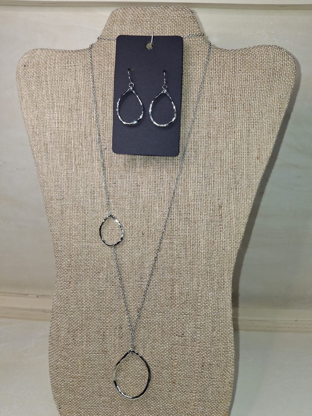 Silver Teardrop Long Necklace & Earrings Set - Women Jewelry